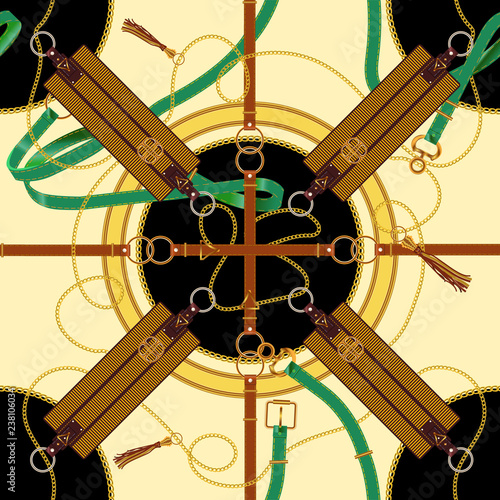 Seamless pattern with chains, belts and epaulets. Vector patch for fabric, scarf.
