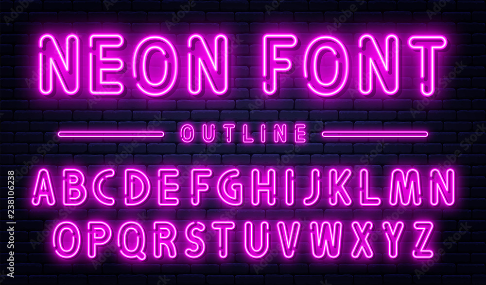Neon alphabet with numbers. Purple neon font, fluorescent lamps on brick wall background, outline style font