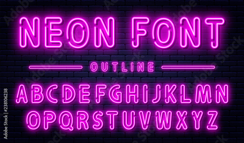 Neon alphabet with numbers. Purple neon font, fluorescent lamps on brick wall background, outline style font