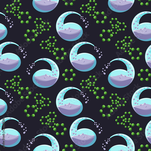 Chemical retort with liquid and bubbles and hexagonal molecule seamless pattern on black background.