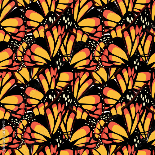 Butterfly monarch with macro textured wings seamless pattern.