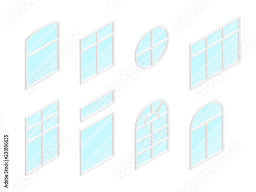 Isometric white windows set with transparent glass. Vector illustration.
