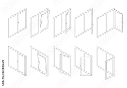 Outline isometric modern white plastic windows set with transparent glass. Vector illustration of open and close window.