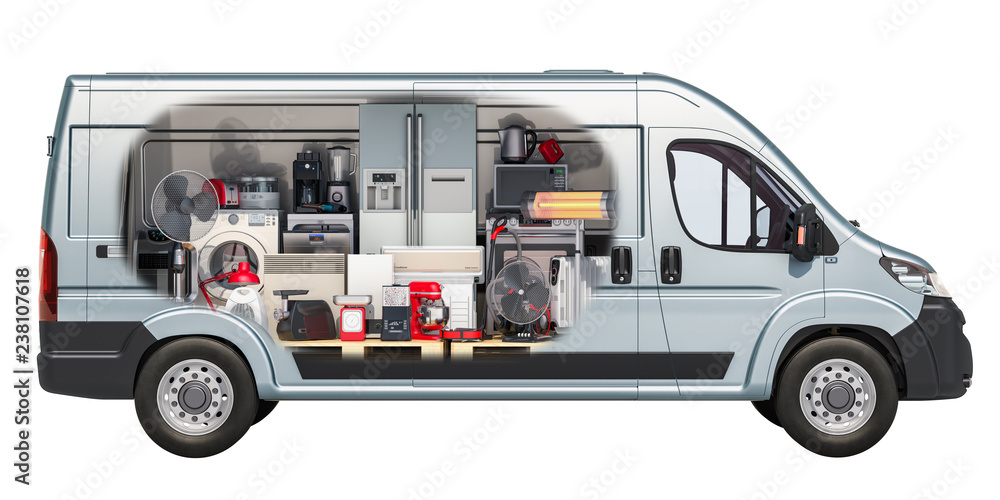 Commercial delivery van with home electronics inside. Delivery of household and kitchen appliances concept. 3D rendering