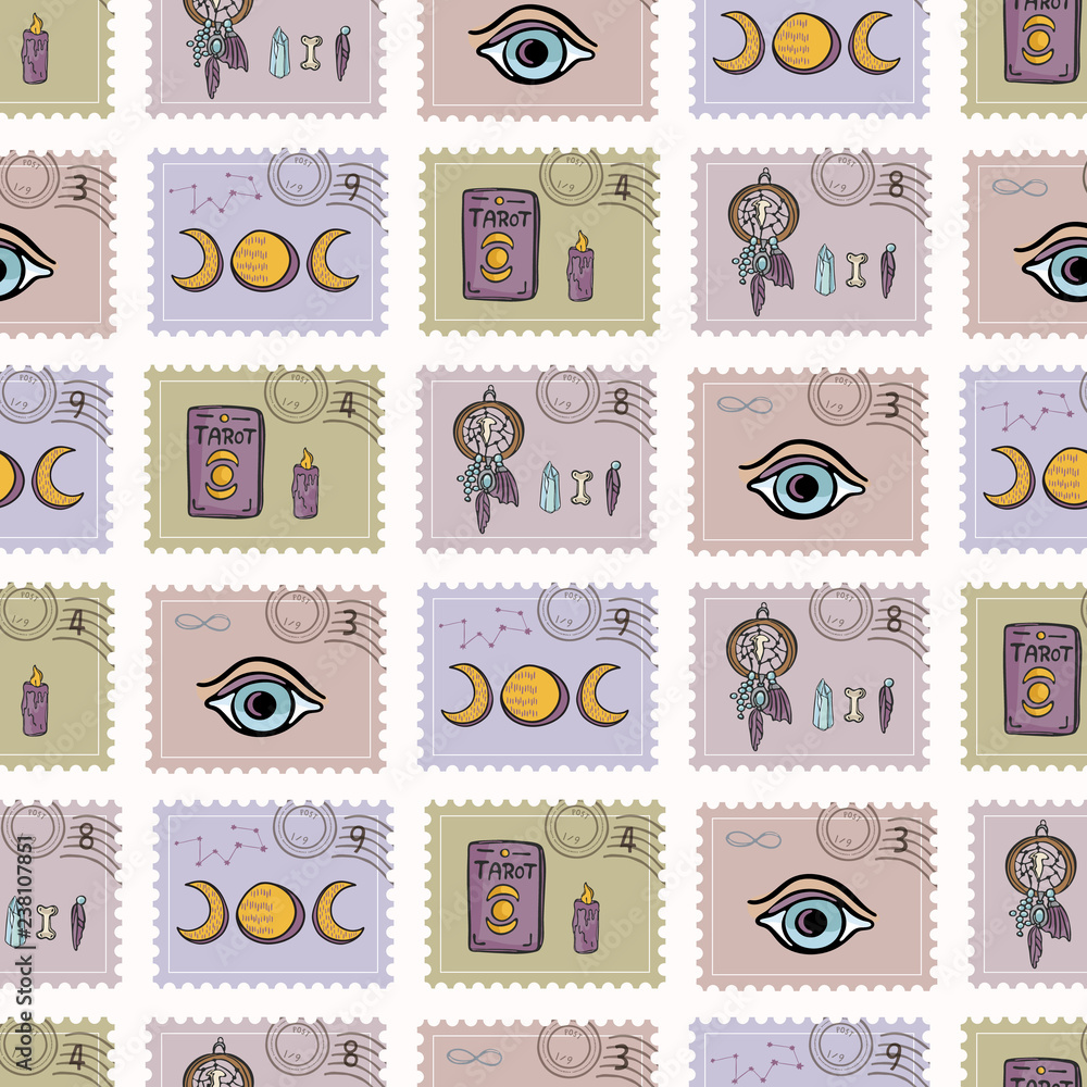 Esoteric Magic Postage Stamps. Hand Drawn Seamless Vector Pattern.  Spiritual Symbols Postal Stationery. Tarot, Crystal, Dreamcatcher.  Meditation Journal Mail Art Backgrounds, Boho New Age Planners Stock Vector