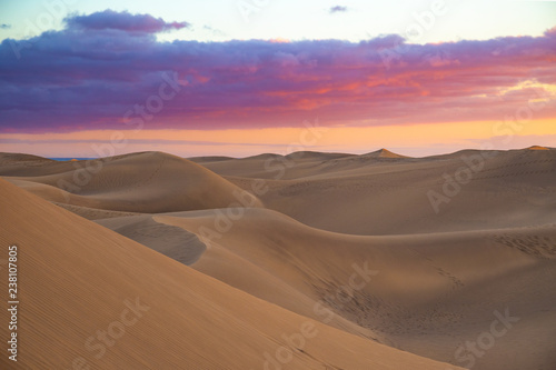 Lonely dusk scenery at famous dunes in Maspalomas, Gran Canaria, Spain © lavizzara