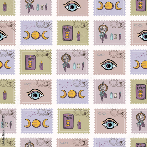 Esoteric Magic Postage Stamps. Hand Drawn Seamless Vector Pattern. Spiritual Symbols Postal Stationery. Tarot, Crystal, Dreamcatcher. Meditation Journal Mail Art Backgrounds, Boho New Age Planners