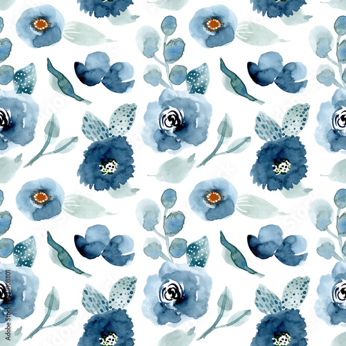 pretty blue floral watercolor seamless pattern