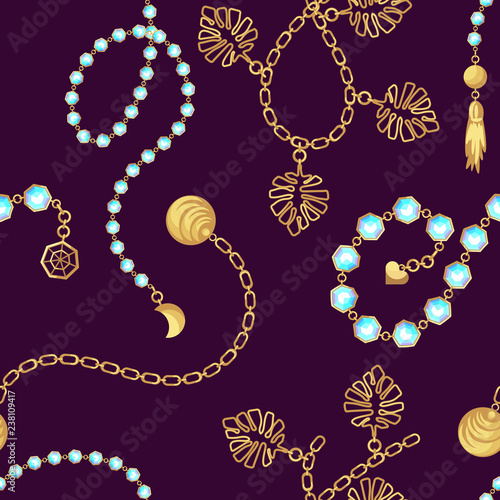 Chain belt pattern fashion design. Gold jewelry accessories seamless vector print for scarf and dress.