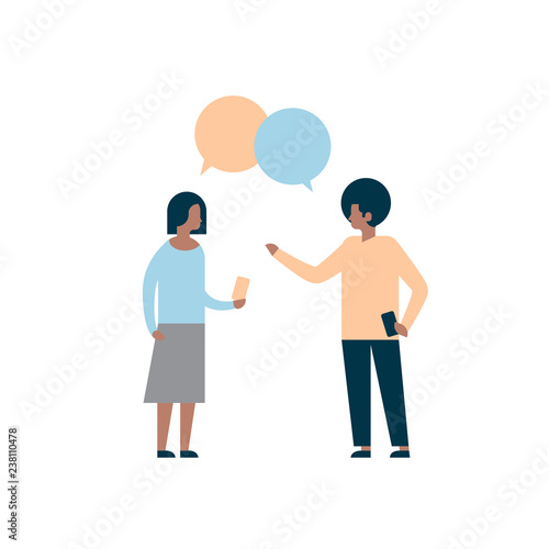 african american couple chat bubbles communicating speech dialogue man woman character over white background full length flat