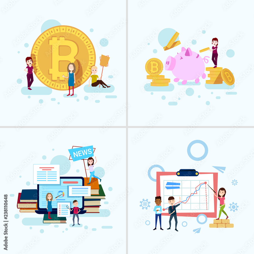 set diversity boy girl character bitcoin money growth concepts male female template for design work and animation on white background full length flat