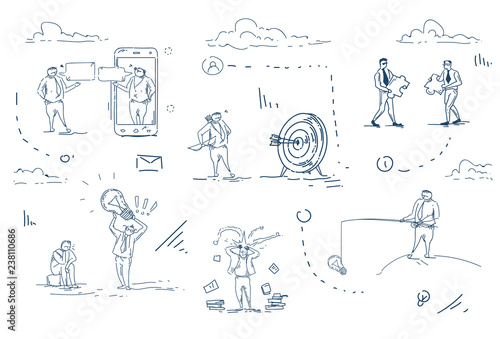 set diversity business people success concept businessman hard working process on white background sketch doodle