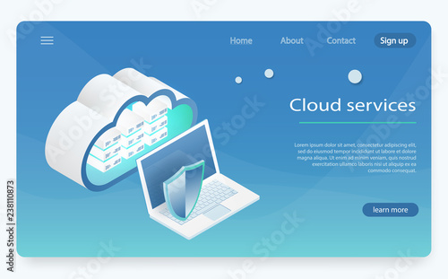 Concept of cloud storage, data transfer. Server room, big data center. Isometric cloud storage landing page concept.