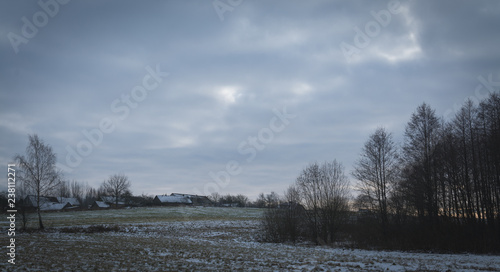 winter field landscape, european village