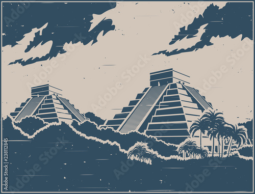 Mayan pyramids retro poster photo