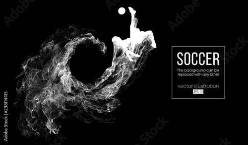 Abstract silhouette of a football player on dark black background from particles. Soccer player running jumping with ball. World and european league. Background can be changed to any other vector