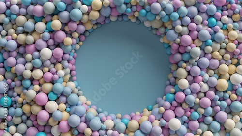 Fotografia 3d render, pastel candy balls, abstract background, round frame, hole
