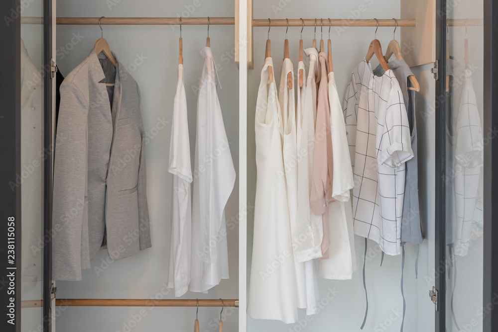modern closet with clothes hanging on rail