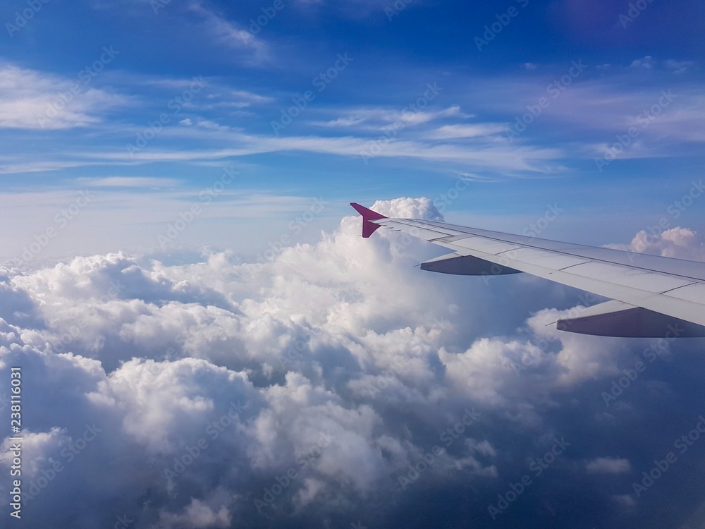 Fototapeta premium Airplane wing above the clouds and a blue sky