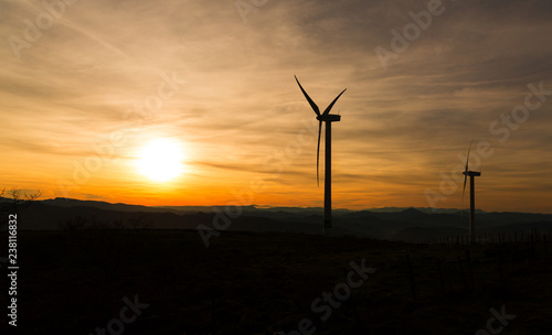 Dusk on Mount Oiz  Basque Country  with wind energy gathering