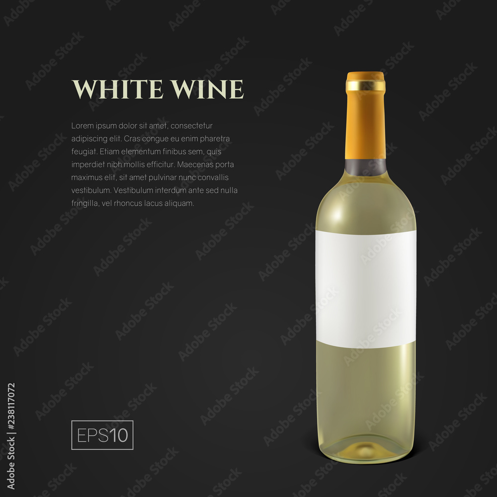 Photorealistic bottle of white wine on a black background. Mock up transparent bottle of wine. Template for product presentation or advertising in a minimalistic style. Photorealistic bottle of white wine on a black background. Mock up transparent bottle of wine. Template for product presentation or advertising in a minimalistic style.