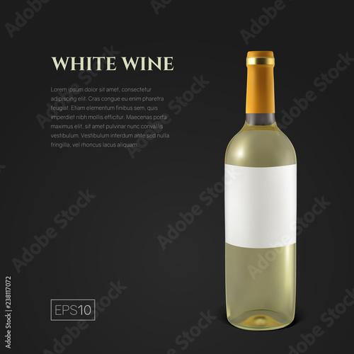 Photorealistic bottle of white wine on a black background. Mock up transparent bottle of wine. Template for product presentation or advertising in a minimalistic style.