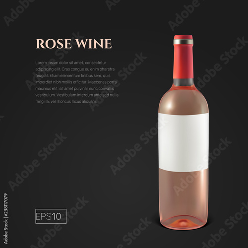 Photorealistic bottle of rose wine on a black background. Mock up transparent bottle of wine. Template for product presentation or advertising in a minimalistic style.