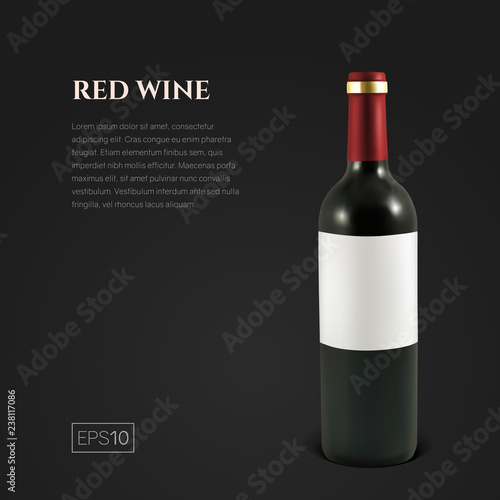 Photorealistic bottle of red wine on a black background. Mock up transparent bottle of wine. Template for product presentation or advertising in a minimalistic style.
