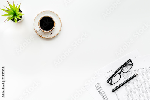 Pencil, glasses, documents, coffee for business lunch in office white background top view copyspace