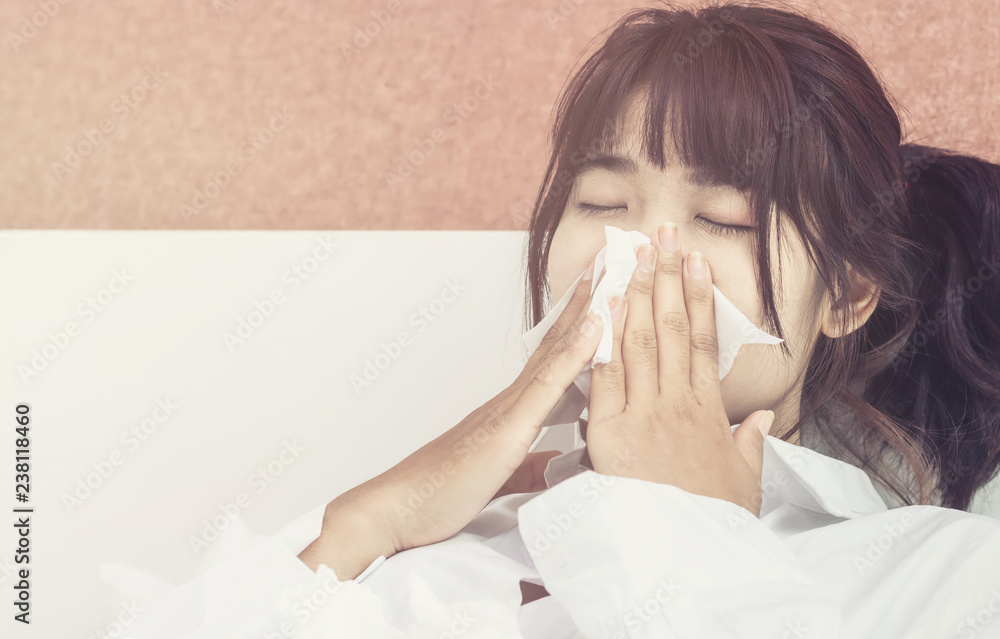 Asian woman sick sleep on white pillow on bed in bedroom in holiday. Asian woman sick sleep on white pillow on bed in bedroom in holiday.