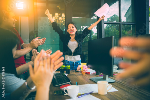 Photography asian woman freelance happiness emotion successful project in home office
