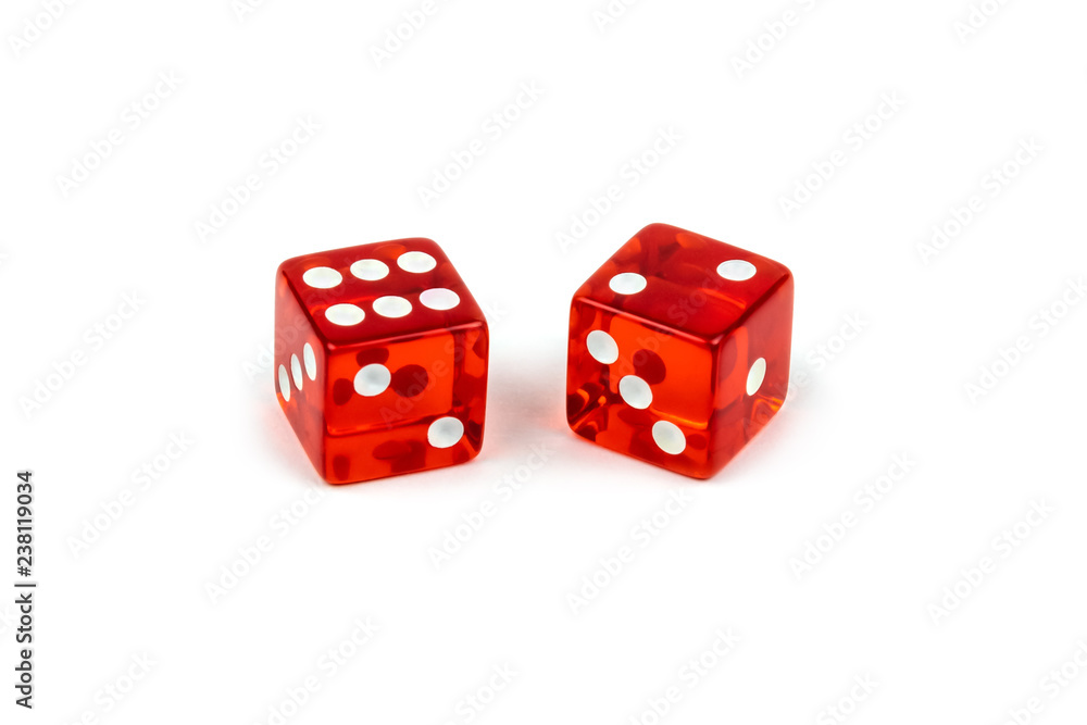 Two red glass dice isolated on white background. Six and two. Two red glass dice isolated on white background. Six and two.