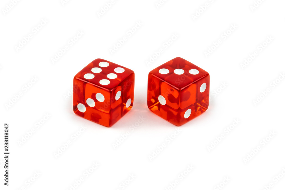 Two red glass dice isolated on white background. Six and three. Two red glass dice isolated on white background. Six and three.