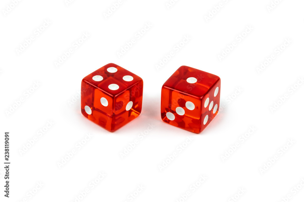 Two red glass dice isolated on white background. Four and one. Two red glass dice isolated on white background. Four and one.