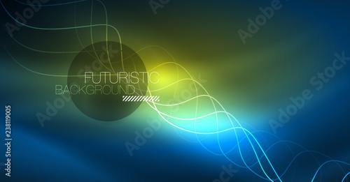 Glowing abstract wave on dark, shiny motion, Christmas and New Year magic space light. Techno abstract background