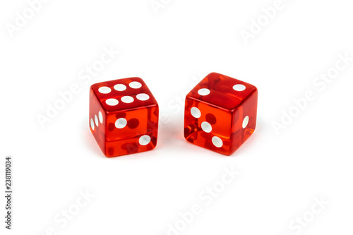 Two red glass dice isolated on white background. Six and two.