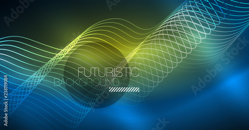 Glowing abstract wave on dark  shiny motion  Christmas and New Year magic space light. Techno abstract background