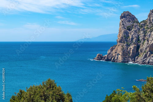 Mount and Cape Karaul-Oba in Crimea. Beautiful view of the sea, mountains and trees.
