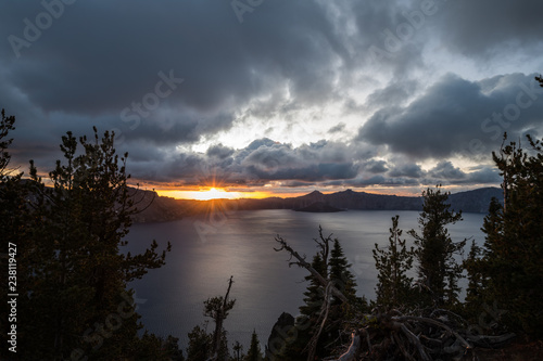Crater Lake Oregon at sunset in fall