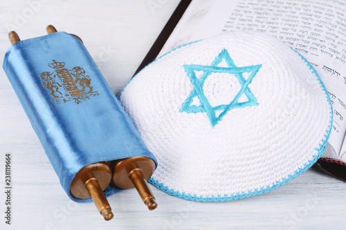 Torah with knitted kippah photo