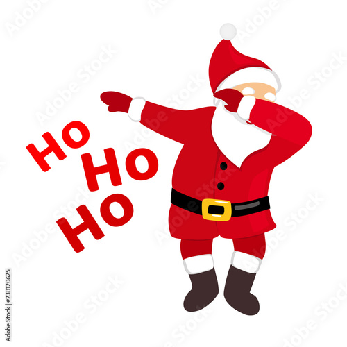 Funny Santa dabbing, quirky cartoon comic character in traditional Christmas costume, typography ho ho ho text, isolated on white background, young style for print, t-shirt, card, party invitation.