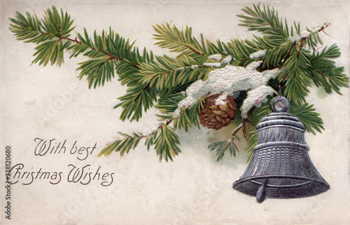 Christmas holiday vintage card bell and evergreen