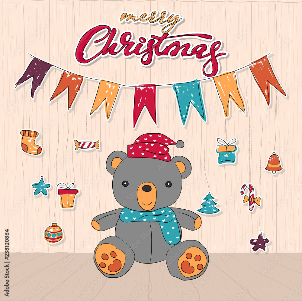 Fototapeta premium Cute teddy bear doodle background for merry christmas card vector and illustration.