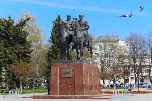 Vladikavkaz, North Ossetia - Alania, Russia - 2016 04 10: A monument erected on the 50th October revolution anniversary square in Vladikavkaz city was devoted to Ossetia joining Russian empire in 1774