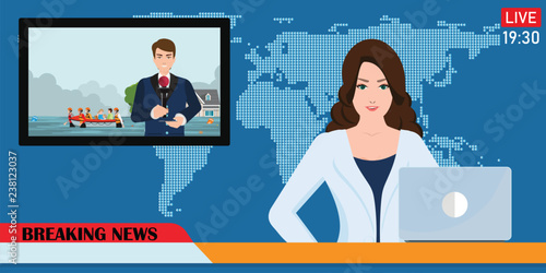 News anchor broadcasting the news .