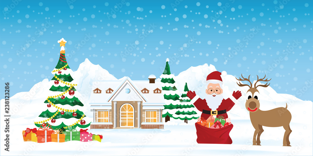 Santa Claus with snowy Christmas landscape.