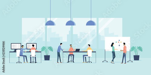 flat vector illustration group business team meeting  and working  collaboration in office workplace concept 