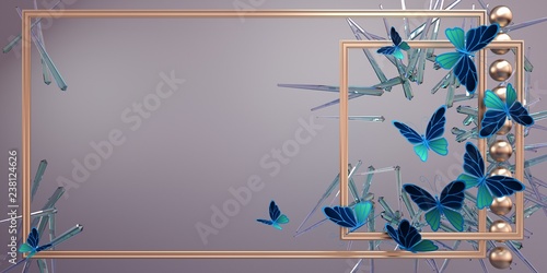 Abstract background with empty space for creativity with gold frames, balls, butterflys and transparent crystals. 3D illustration
