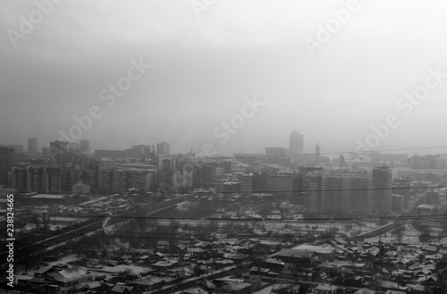 The city of Krasnoyarsk in the smoke. Environmental pollution. Bad ecology.