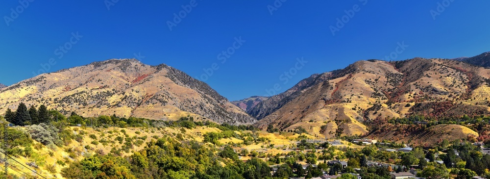Logan Valley landscape views including Wellsville Mountains, Nibley, Hyrum, Providence and College Ward towns, home of Utah State University, in Cache County a branch of the Wasatch Range of the Rocky
